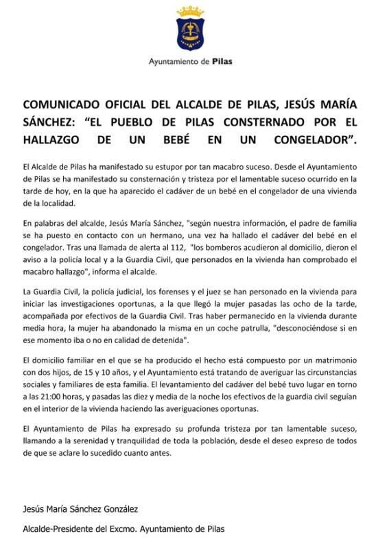 COMUNICADO OFICIAL DEL ALCALDE DE PILAS BEBÉ MUERTO