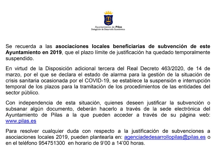Comunicado 25 marzo 2020. Subvención ayuntamiento