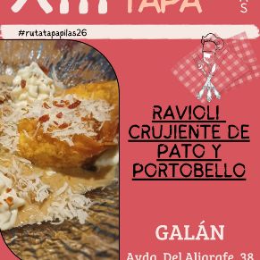 Galán. Ravioli crujiente de mousse de pato y crema de portobello